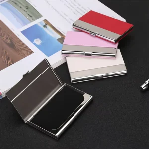 PU Leather Engraved Business Card Holder Stainless Steel Logo Metal Card Case Promotional Gift for Trade Shows