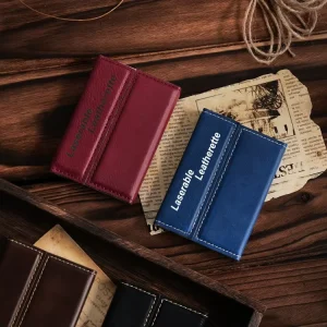 Personalized Slim Leatherette Magnetic Card Case with Laser Engraving and Stainless Steel Holder