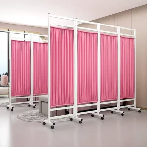 Pink Medical Foldable Partition Screen Iron+Fabric Mobile with Wheels for Clinics Beauty Salons Hospitals