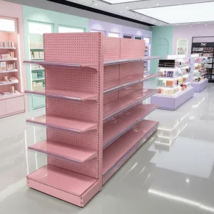 Pink Single-Sided Metallic Steel Supermarket Wall Display Rack Adjustable Retail Shelving System