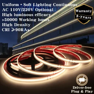 Plug & Play 110V 220V COB LED Strip Light CRI 90+ White LED Strip Pro Linear Lighting Finished Tape for Luxury Hotels Projects