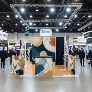 Portable Fabric Pop Up Booth 10x10ft Complete with Merchandise Shelves and Walk In Changing Area
