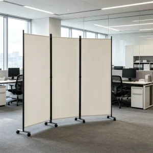 Premium 3 Piece Folding Fabric Room Divider with Iron Frame 255x180cm Mobile Privacy Screen with Casters for Professional Office