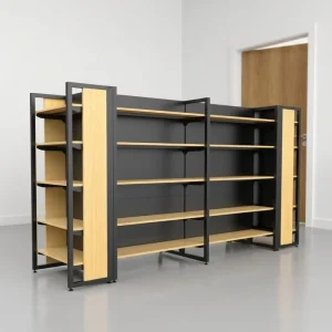 Premium Wood Grain Metal Shelving Double Sided Gondola Display Racks for Boutique Cosmetic & Book Stores