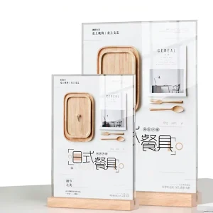 Price Double sided Transparent Acrylic Display Stand with High Grade Wooden Base Eco friendly Wood Desktop Display Rack