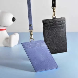Print Initial Single Lanyard Magnetic Card Holder ID Card Holder Saffiano PU Leather Office Table Business Card Holder