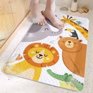 Printed Animal Pattern Square Cartoon PVC Bathroom Mat with Anti-Slip Suction Cups