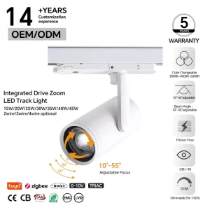 Retail Store Track Lighting Fixtures LED Zoomable Spotlight 15W 45W Dimmable 10 55° for Gallery Display Cases