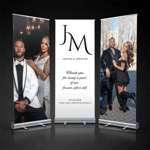 Retractable Roll-Up Banner Stand Aluminum Portable Lightweight Custom Poster Design Wedding Reception Backdrop