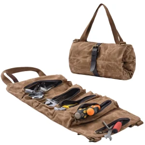 Retro Canvas Tool Roll Bag with Multiple Compartments Portable Storage Bag with Handle Design Hardware Tool Organizer