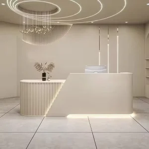 Rice White Diagonal Reception Desk with Vertical Fluted Side Panel and LED Light for Beauty Salon