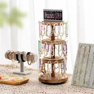 Rotatable Wooden Necklace Storage Rack and Desktop Organizer