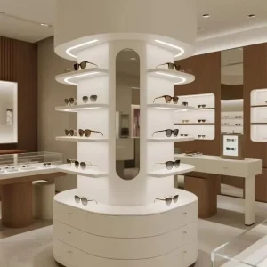 Rotating Eyewear Display Column with LED Lighting, Cylindrical Showcase, Base Storage