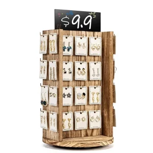 Rotating Real Wood Earring Display Stand, Large Capacity, Carbonized Brown
