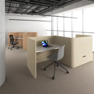 Single Person Acoustic Work Pod with Full Wrap Fabric Privacy Screen Built in Desk and Side Storage for Open Plan Office