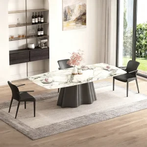 Sintered Stone Dining Table and Banquet Chair Set with Rock Slab and Dark Gray or Black Pedestal Base