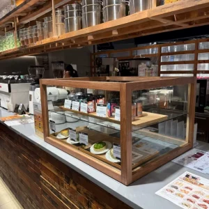 Small Commercial Bakery Display Case Wood Glass Varnished Finish Glass Back Customizable Size