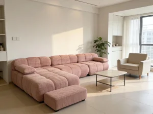 Soft Pink Plush Bread shaped Modules Compressed Sofa Modern L shaped Modular Couch Ottoman Space saving Upholstered School Park
