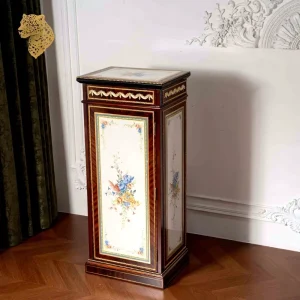 Solid Mahogany Wood Cabinet with Hand-Painted Solid Brass Floral Accents Rotating Multi-Layer Jewelry Storage Pedestal
