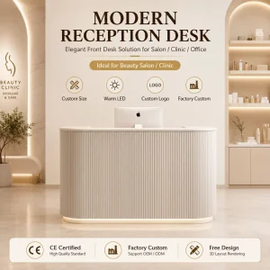 Solid Wood Curved Reception Desk with Adjustable Height and LED Lighting