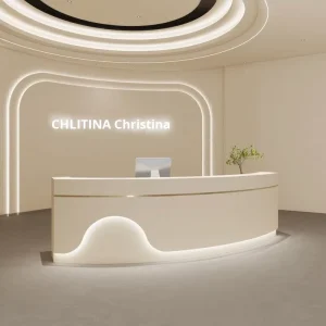 Solid Wood Eco Friendly Commercial Reception Counter for Mall Hotel Supermarket Minimalist Arc Shaped Design