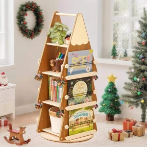 Solid Wood Rotating Bookshelf Tower, 4-Tier, 360° Floor-Standing