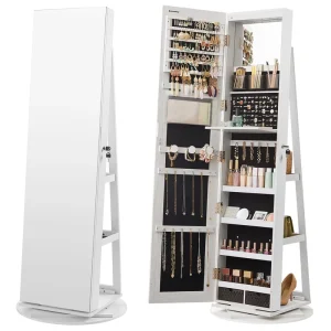 Solid Wood Standing Mirror Jewelry Display Cabinet with Lockable 360-Degree Rotation