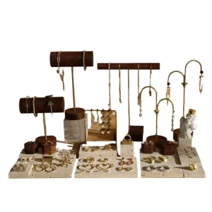 Solid Wood Walnut Jewelry Display Stand Set with Yellow Travertine for Bracelets, Earrings, and Rings