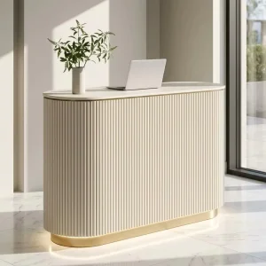 Space-Saving Curved LED Reception Desk with Gold Base and High-Density Wood