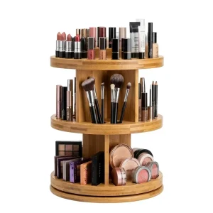 Spinning Bamboo Cosmetic Display Stand 360 Degree Rotating Vanity Organizer For Brushes Palette Skincare