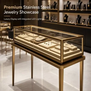 Stainless Steel Tempered Glass LED Lighting Jewelry Showcase with Lockable Cabinet Luxury Retail Display