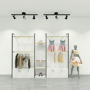 Stainless Steel Wall-Mounted LED Display Shelf with Cabinet for Clothing Stores