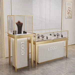 Stainless Steel and Glass Jewelry Store Display Cabinet with Wooden Counter