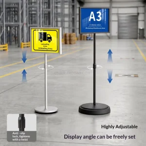 Steel Double-Sided A4 Vertical Directional Sign Stand for Factory, Workshop, or Warehouse with Telescoping Feature