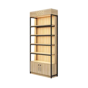 Steel Frame Grocery Store Display Rack with Wooden Flat Back Panel