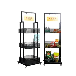 Steel Wire Mesh Supermarket Rack Heavy-Duty 3-Shelf Rolling Floor Display Stand