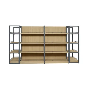 Steel and Wood Island Display Stand with 4-Base Layout for Grocery Stores