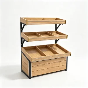 Stepped Wooden Display Stand with Heavy-Duty Black Metal Brackets and Slatted Shelves for Supermarket Vegetable Display