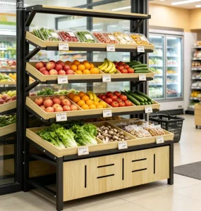 Supermarket Fruit And Vegetable Display Stand With Storage Shelves And Racks