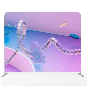TE-28C-FME8 Silver Custom Print Portable 8 ft Trade Show Tension Fabric Pop-Up Tube Backdrop