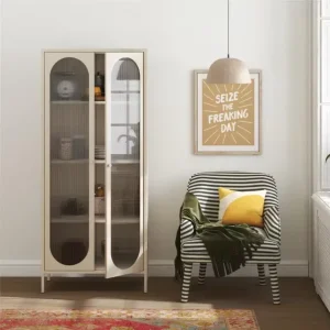 Tall Buffet Cabinet with Oval Fluted Glass Doors and Metal Frame for Living Rooms