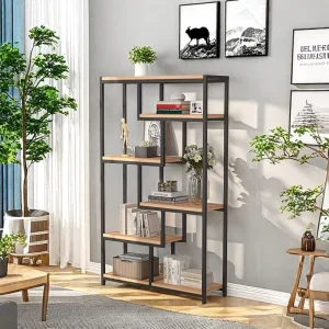 Tall Industrial Wooden and Metal Bookshelf with Display Storage