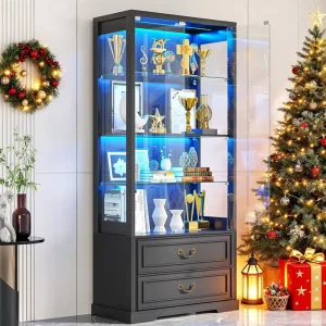 Tempered Glass LED Display Cabinet with Waterproof Storage and Curio Shelves
