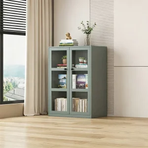 Three-Layer Metal File Cabinet and Bookcase with 2 Glass Doors