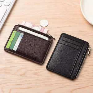 Top-Grain Leather Card Holder with Side Zipper Coin Pocket and Slim Front Pocket Wallet