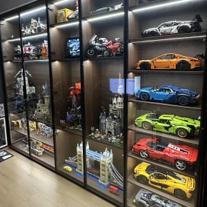 Toy Storage Glass Display Cabinet with LED Lighting and Sliding Doors
