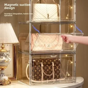 Transparent Acrylic Bag Storage Cabinet Display Rack Dustproof Stackable Features Three Dimensional Design for Household Use