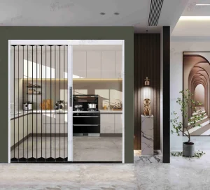 Transparent Crystal Board Screen Door Sliding Folding Type with V Mesh Design