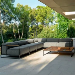 Upholstered Fabric Garden Sofa Villa Hotel Luxury Aluminum Chaise Lounge Sectional Module Sofa Teak Armrest Outdoor Modern