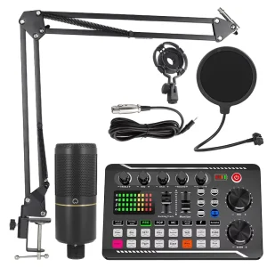 V8 English Live Streaming Sound Card and 5V/48V Condenser Microphone Set for Mobile